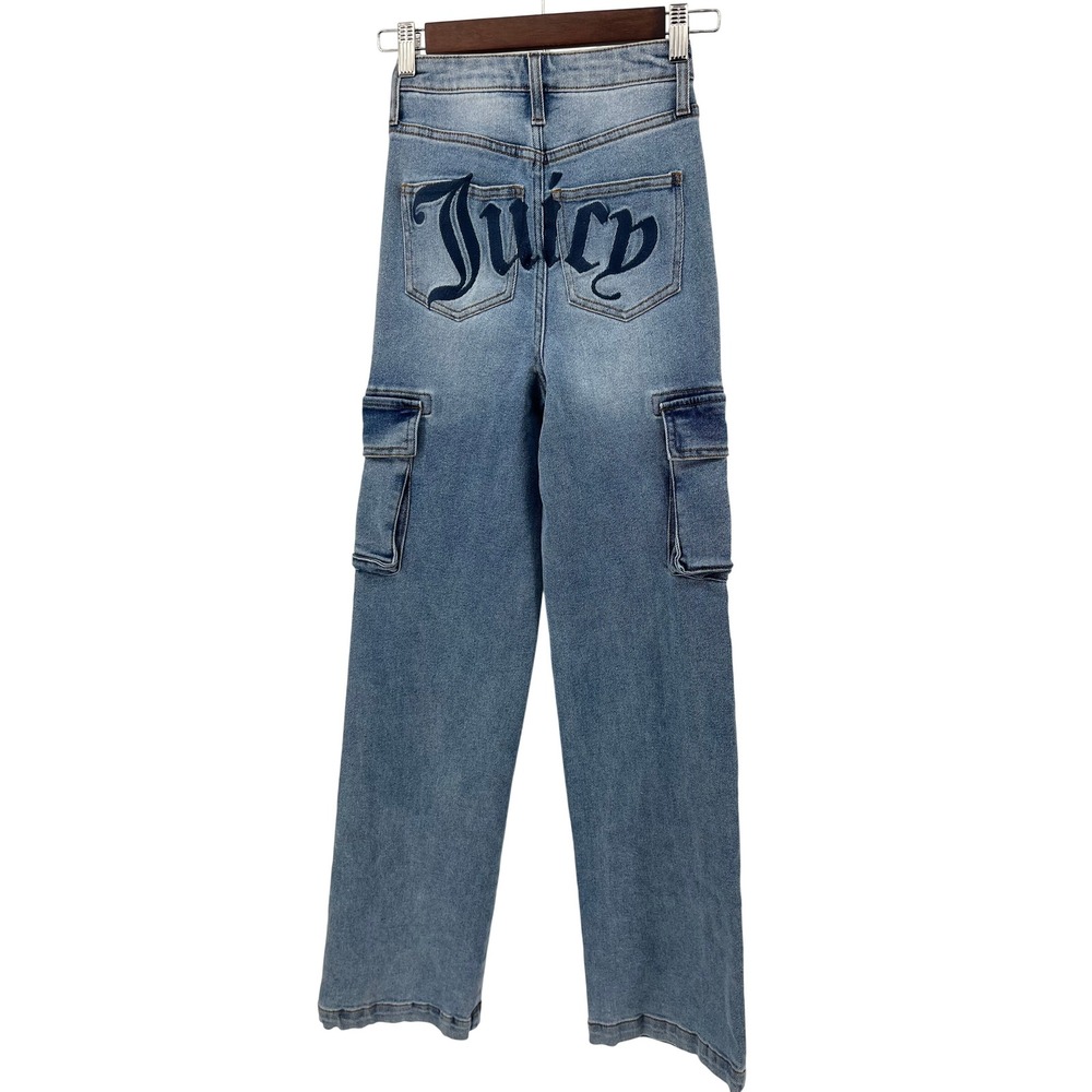 Juicy Couture Wide legvHigh Rise Cargo Jeans Blue Embroidered Logo Sz‎ 0/24 90's